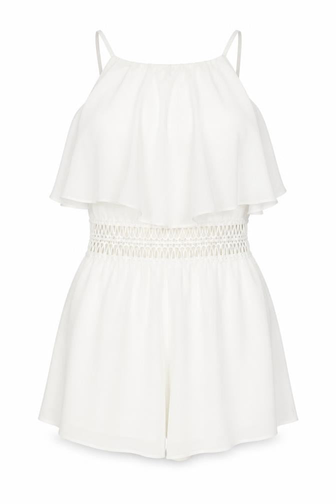 Front view of Miss Selfridge women’s white polyester playsuit one-piece, size UK 10, pullover