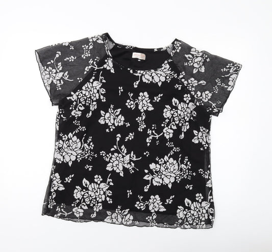 Anna Rose Womens Black Floral Polyester Basic T-Shirt Size 16 Round Neck