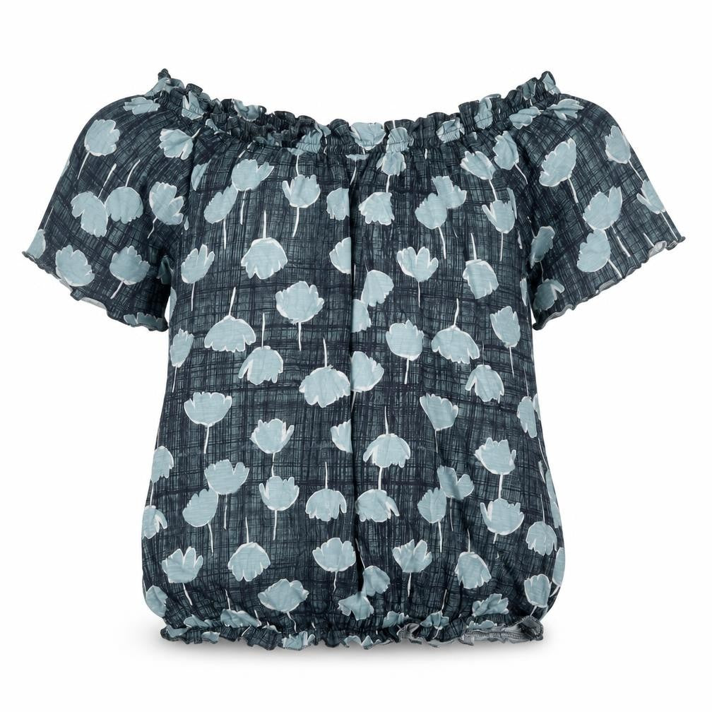 Next Womens Blue Geometric Cotton Basic Blouse Size 14 Boat Neck - Rouched Floral Print