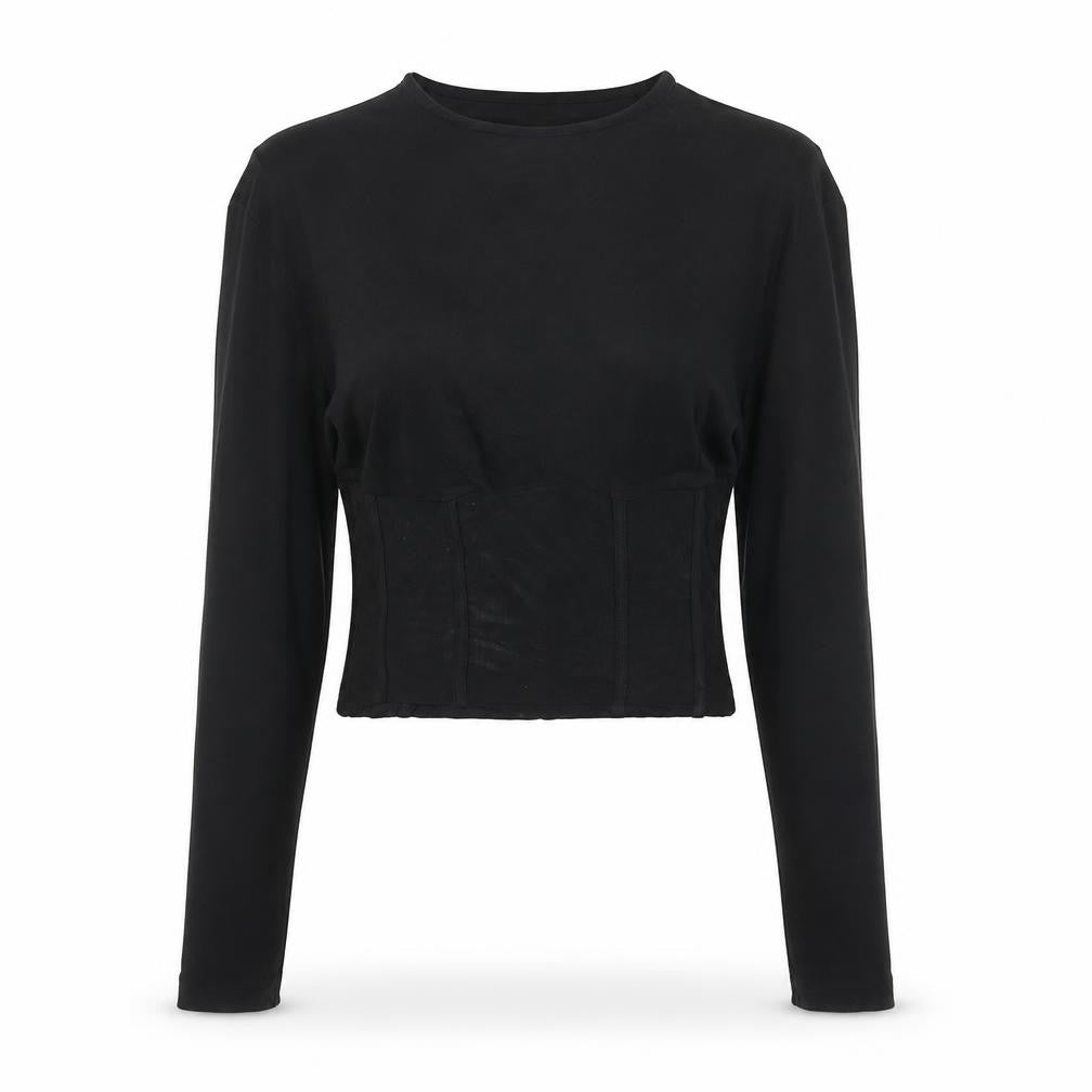 Front view of ASOS women’s black polyester cropped blouse, size UK 8, round neck - corset style mesh panel