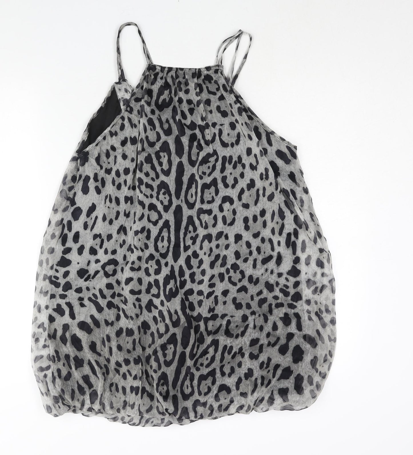 AX Paris Womens Grey Animal Print Polyester Mini Size 14 Scoop Neck Pullover - Jaguar Print Button Neckline