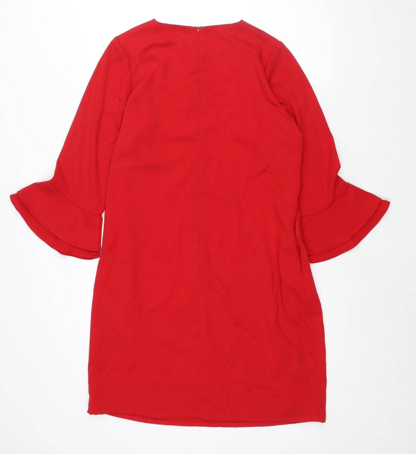 Sosandar Womens Red Polyester Shift Size 14 Round Neck Zip - Bell Sleeve Pockets