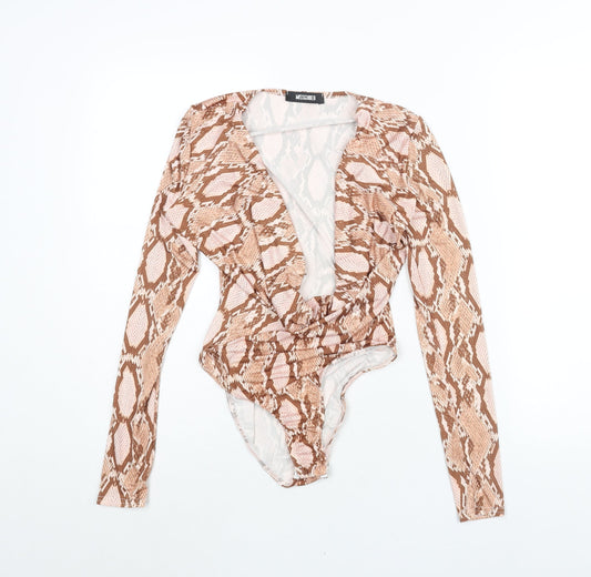 Misguided Womens Beige Animal Print Polyester Bodysuit One-Piece Size 4 Snap - Plunge Neck
