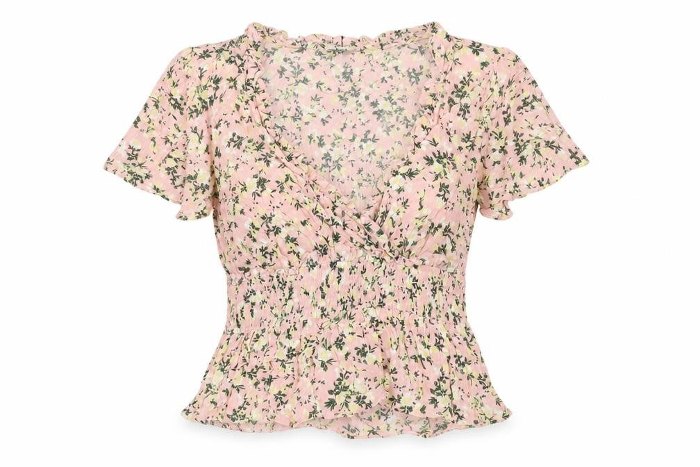 Miss Selfridge Womens Pink Floral Viscose Basic Blouse Size 6 V-Neck - Peplum