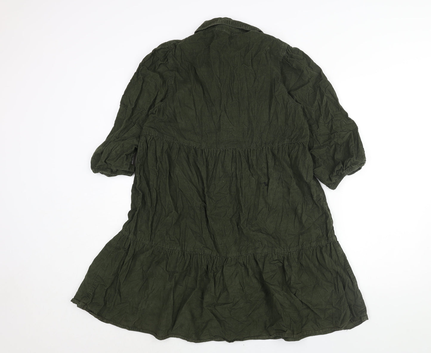 F&F Womens Green Cotton Shirt Dress Size 10 Collared Button - Smocked