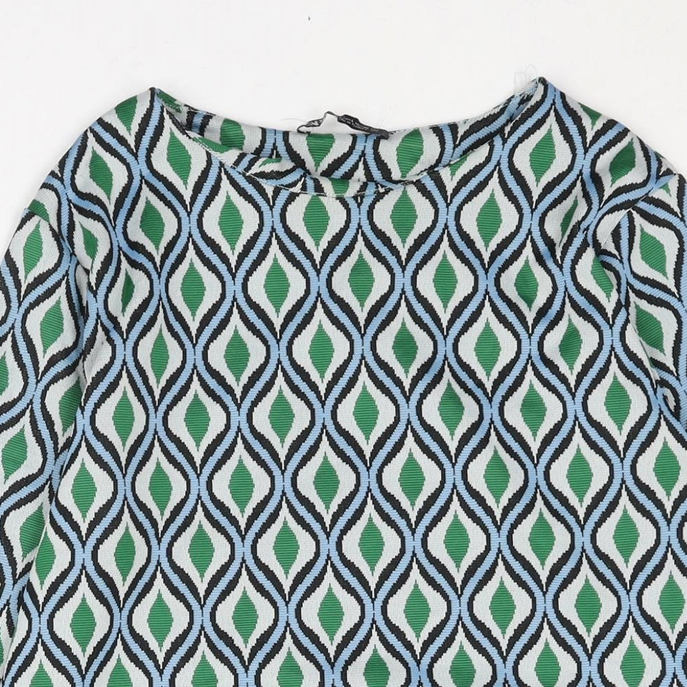 Zara Womens Green Geometric Polyamide Mini Size L Round Neck Pullover
