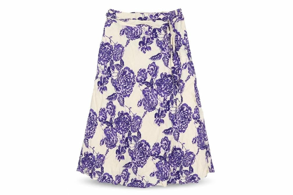 Front view of Alex & Co. women’s purple floral viscose a-line skirt, size UK 10, zip - belted