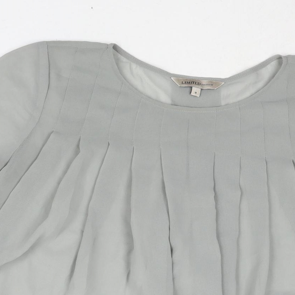 Marks and Spencer Womens Grey Polyester Basic Blouse Size 8 Round Neck - Pleat Detail Semi Sheer