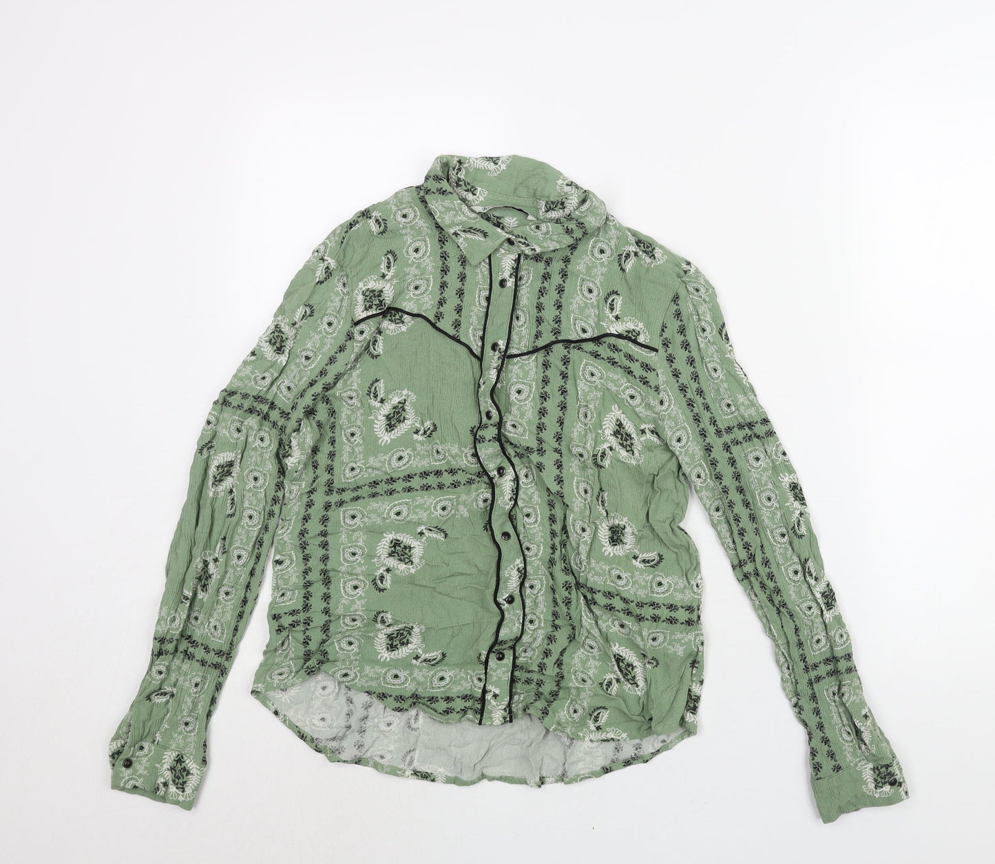 Stradivarius Womens Green Geometric Viscose Basic Button-Up Size L Collared - Piping Detail