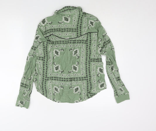 Stradivarius Womens Green Geometric Viscose Basic Button-Up Size L Collared - Piping Detail