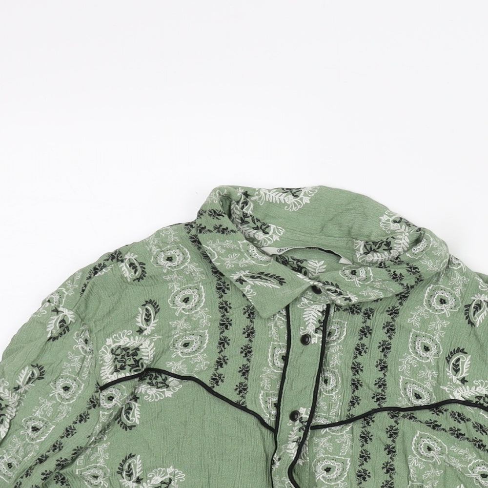 Stradivarius Womens Green Geometric Viscose Basic Button-Up Size L Collared - Piping Detail