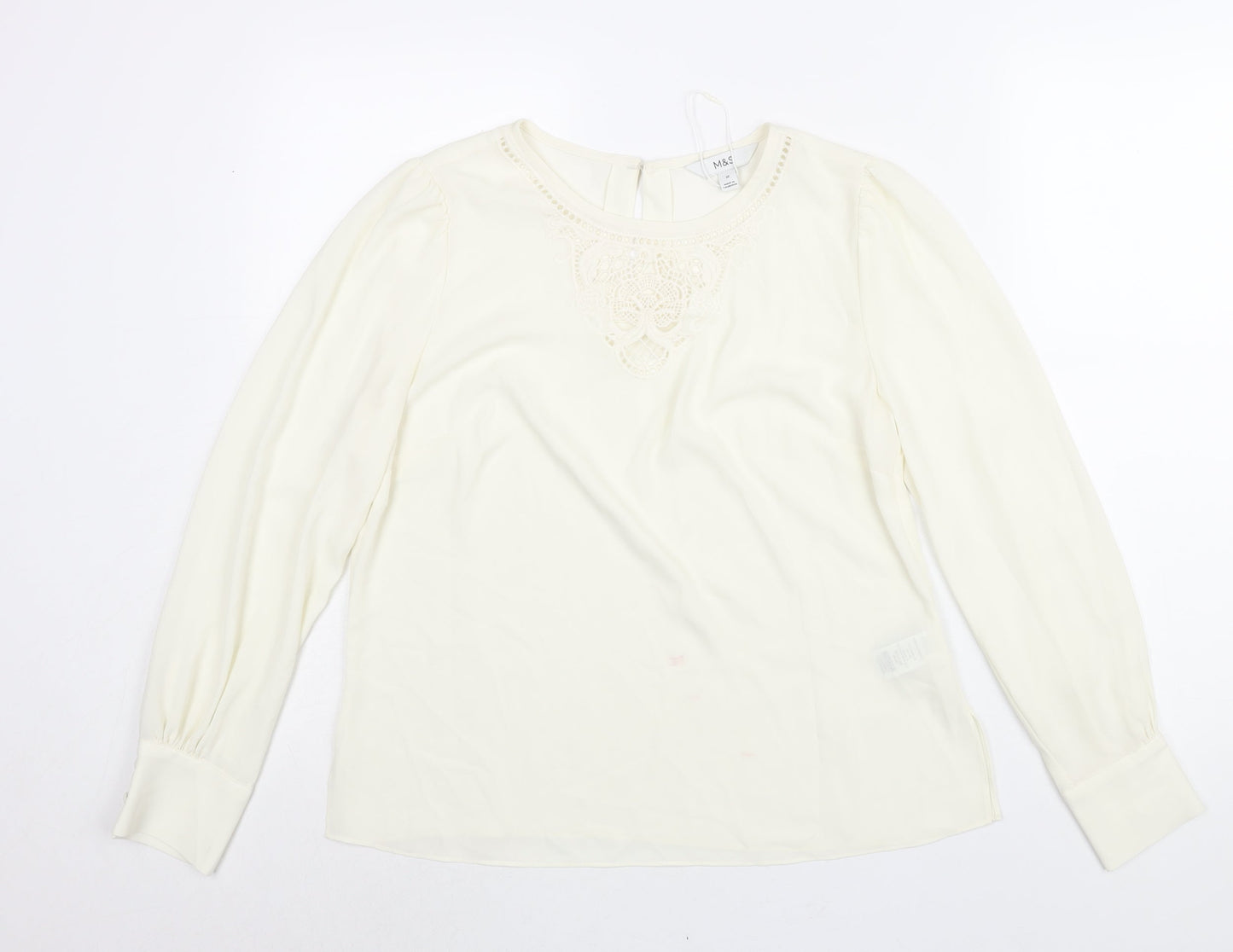 Marks and Spencer Womens Ivory Polyester Basic Blouse Size 10 Round Neck - Lace Detail
