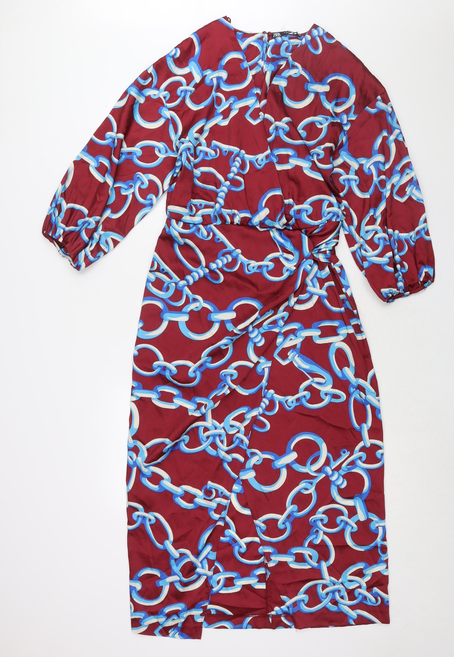 Zara Womens Red Geometric Polyester Maxi Size S V-Neck Button - Chain Print