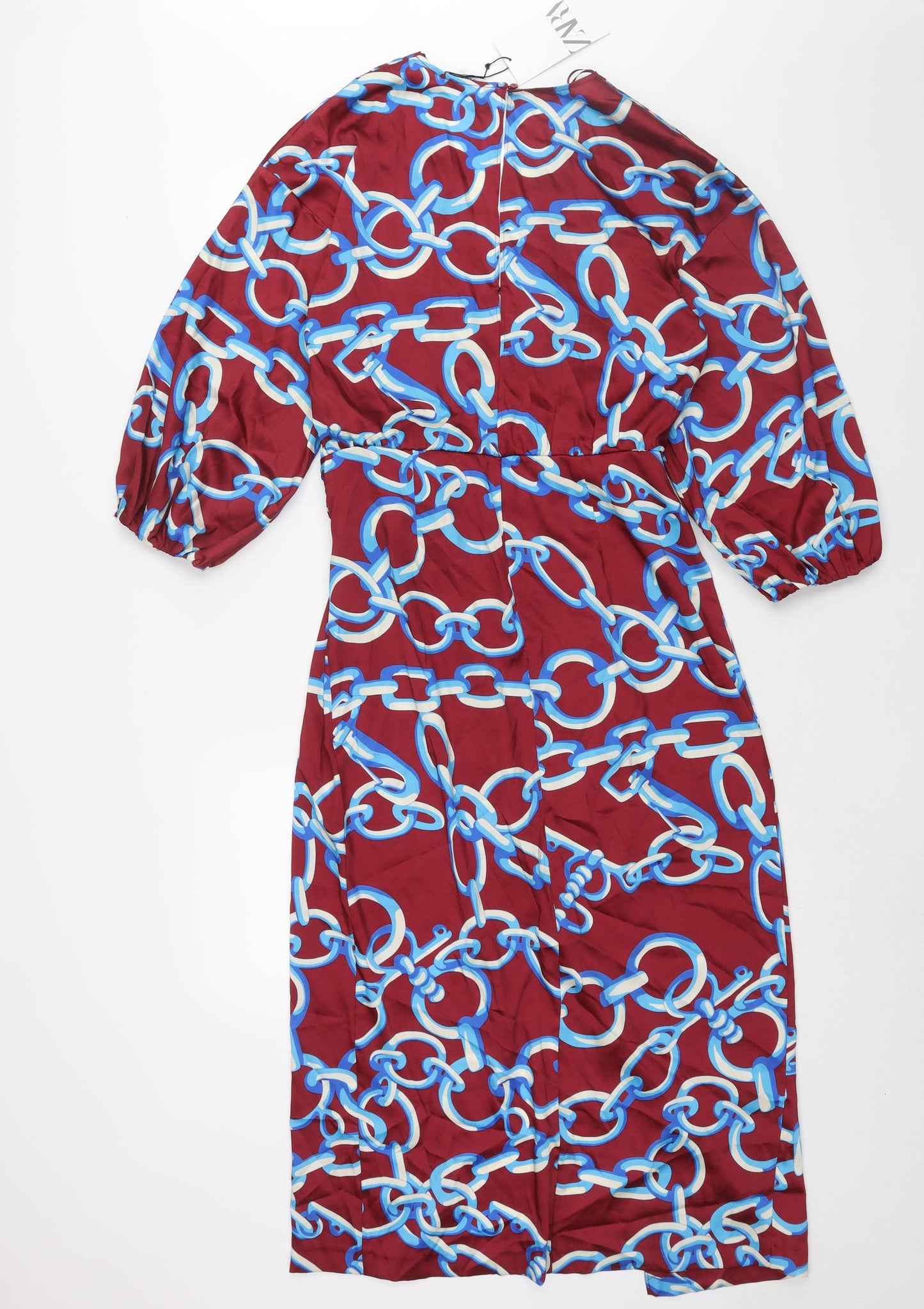 Zara Womens Red Geometric Polyester Maxi Size S V-Neck Button - Chain Print