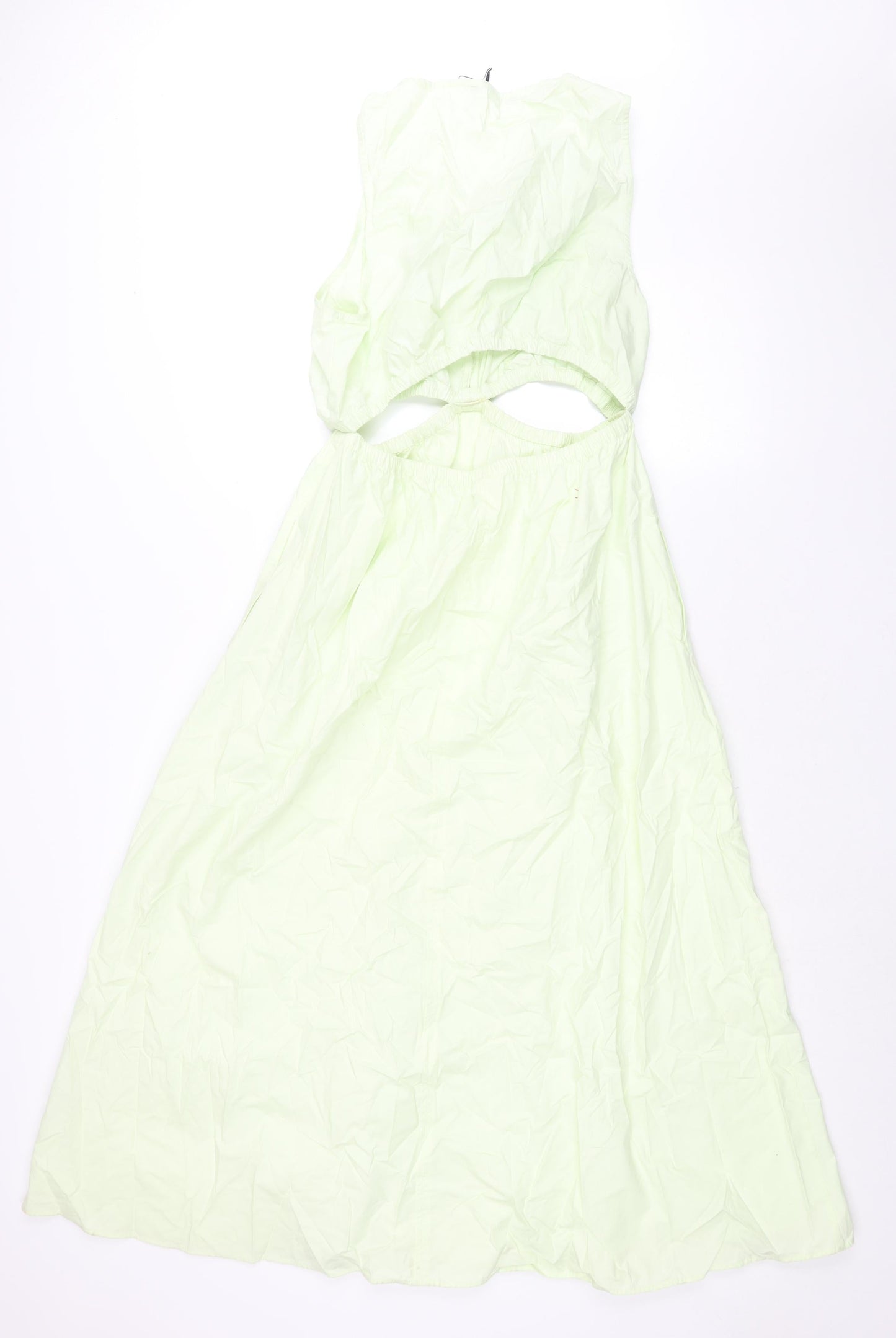 Zara Womens Green Cotton Shift Size L V-Neck Pullover - Rouched Cut Out