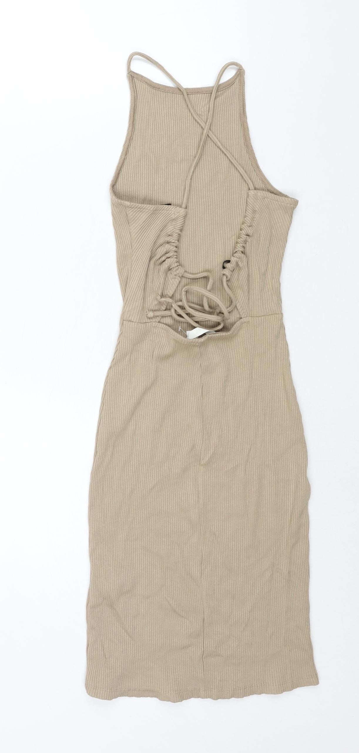 H&M Womens Brown Viscose Tank Dress Size XS Round Neck Tie - Open Back