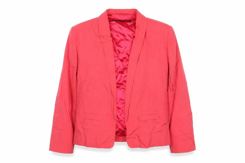 Front view of French Connection women’s pink jacket blazer, size UK 14, - open