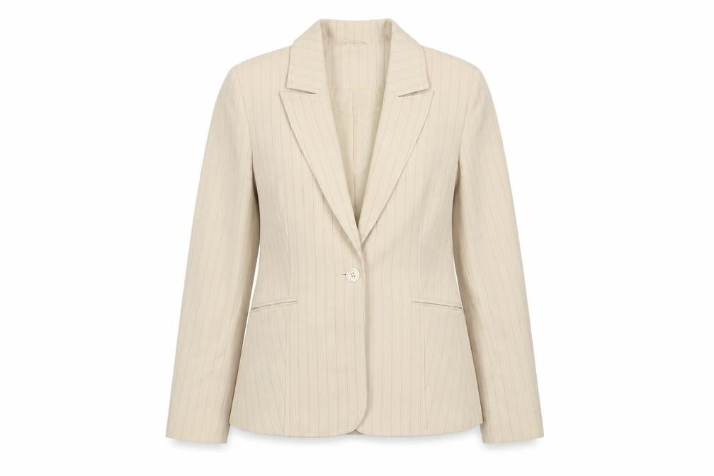 Essentials Womens Beige Striped Jacket Blazer Size 12 Button