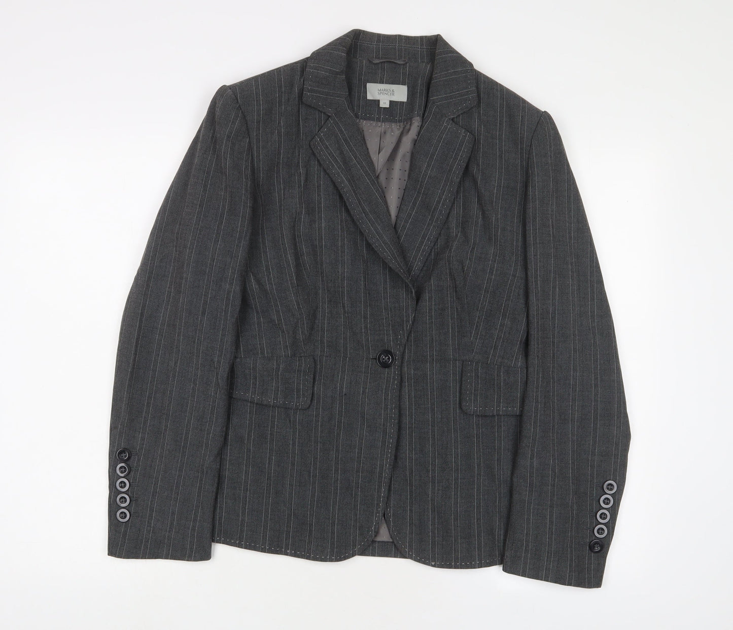 Marks and Spencer Womens Grey Striped Jacket Blazer Size 14 Button