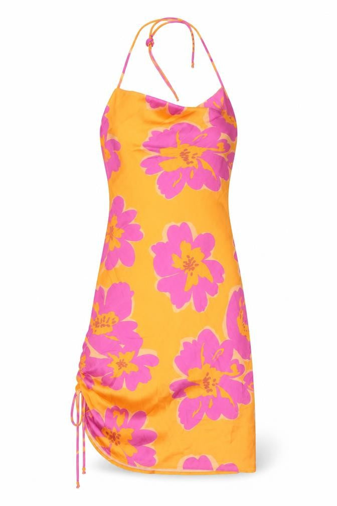 Bershka Womens Orange Floral Polyester A-Line Size XS Scoop Neck - Pink Flowers