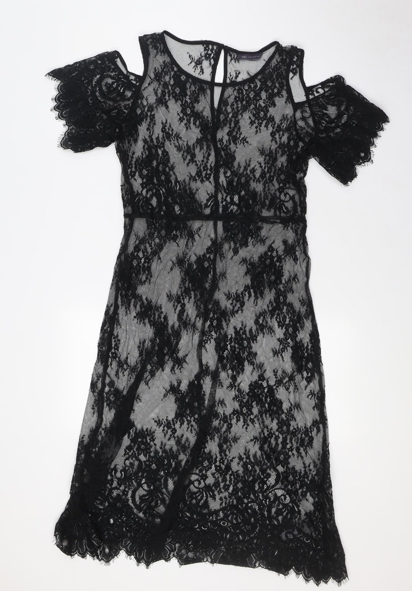 Marks and Spencer Womens Black Polyamide A-Line Size 10 Round Neck - Lace, Cold Shoulder