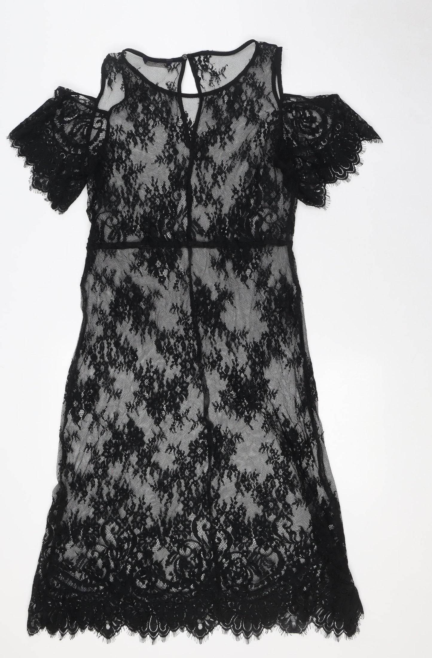 Marks and Spencer Womens Black Polyamide A-Line Size 10 Round Neck - Lace, Cold Shoulder