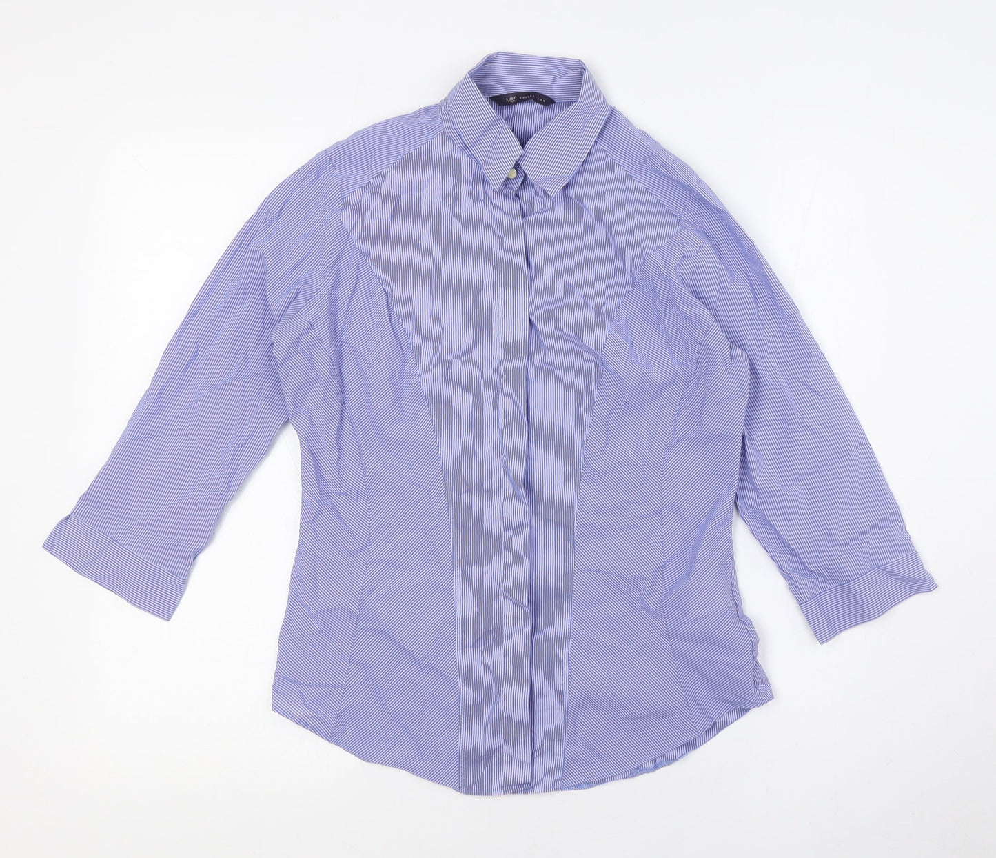 Marks and Spencer Womens Blue Striped Cotton Basic Button-Up Size 8 Collared