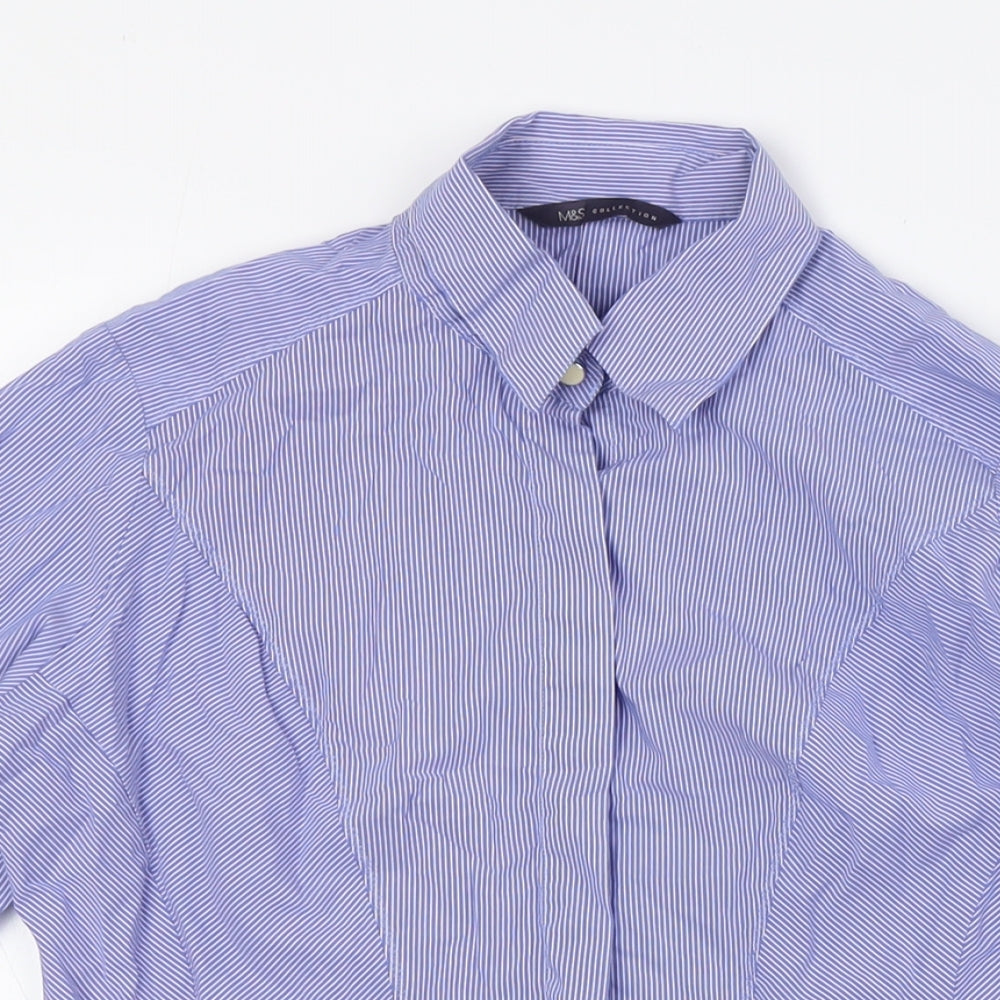 Marks and Spencer Womens Blue Striped Cotton Basic Button-Up Size 8 Collared