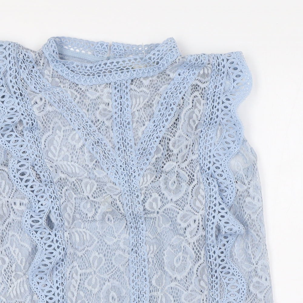 Adiva Womens Blue Nylon Basic Button-Up Size S Mock Neck - Lace Overlay