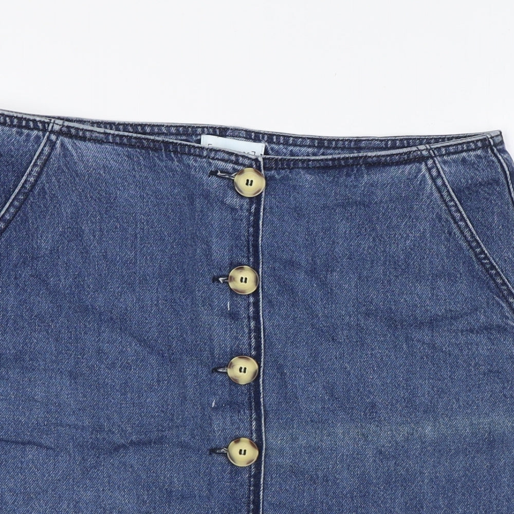 Warehouse Womens Blue Cotton A-Line Skirt Size 14 Button