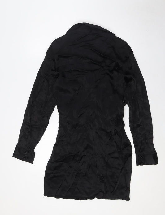 Zara Womens Black Viscose A-Line Size L Collared Button - Tie Front