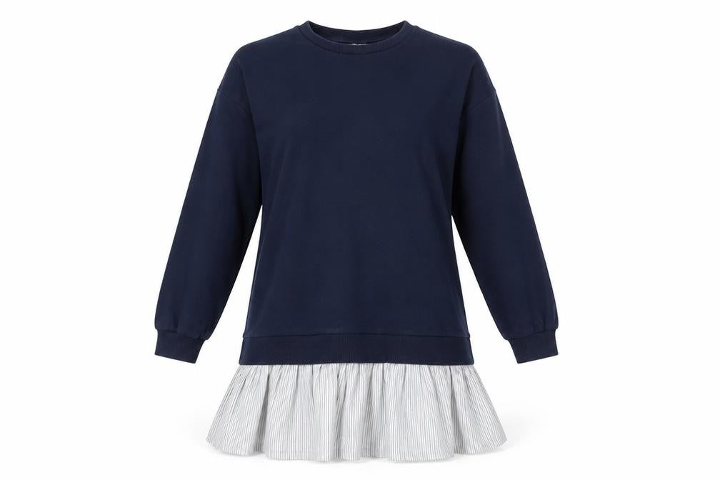 Front view of ASOS women’s blue cotton jumper dress, size UK 10, crew neck