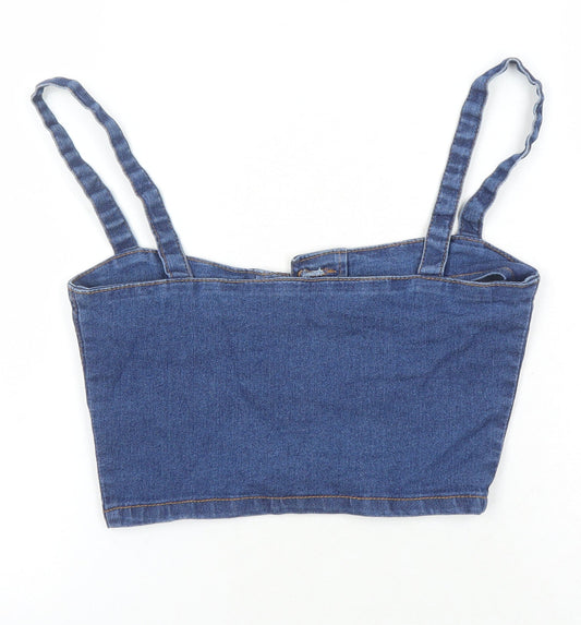 PRETTYLITTLETHING Womens Blue Herringbone Cotton Cropped Button-Up Size 6 Square Neck