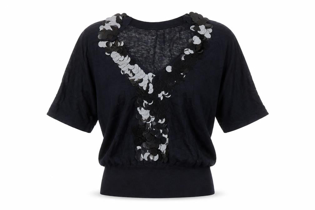 Nicole Farhi Womens Black V-Neck Linen Pullover Jumper Size S - Sequin Detail