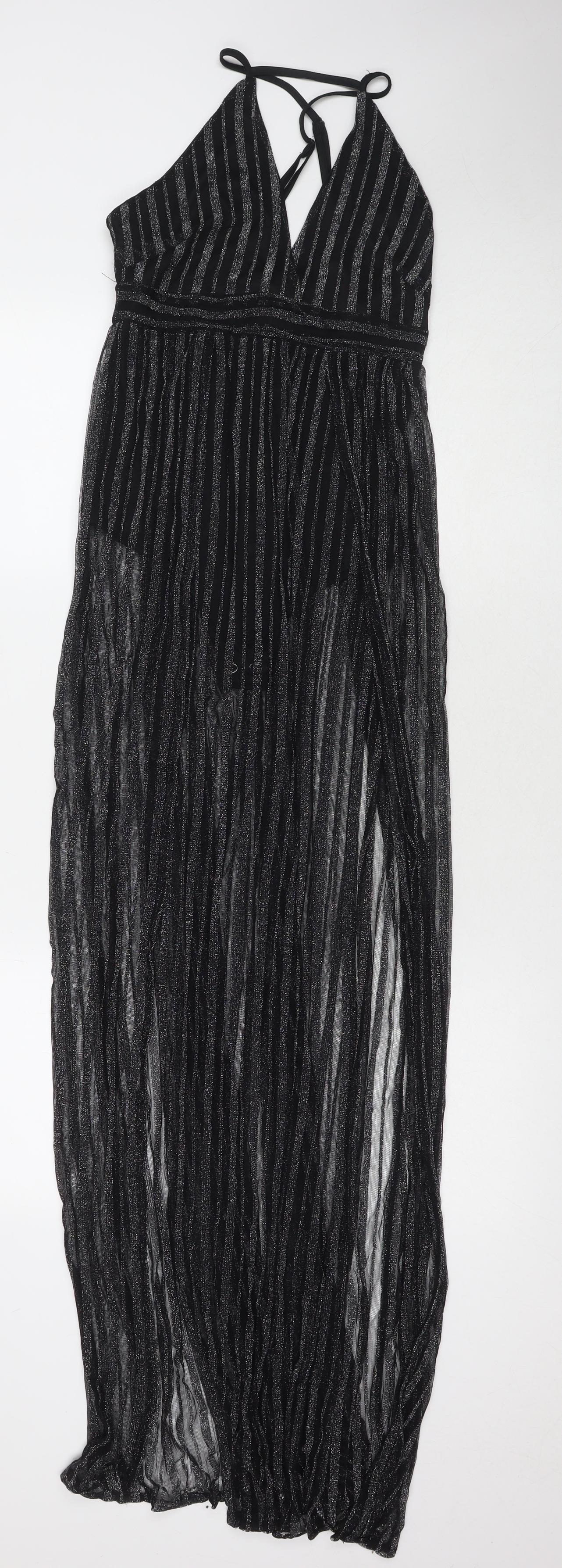 Pink Boutique Womens Black Striped Polyester Maxi Size 10 V-Neck Zip