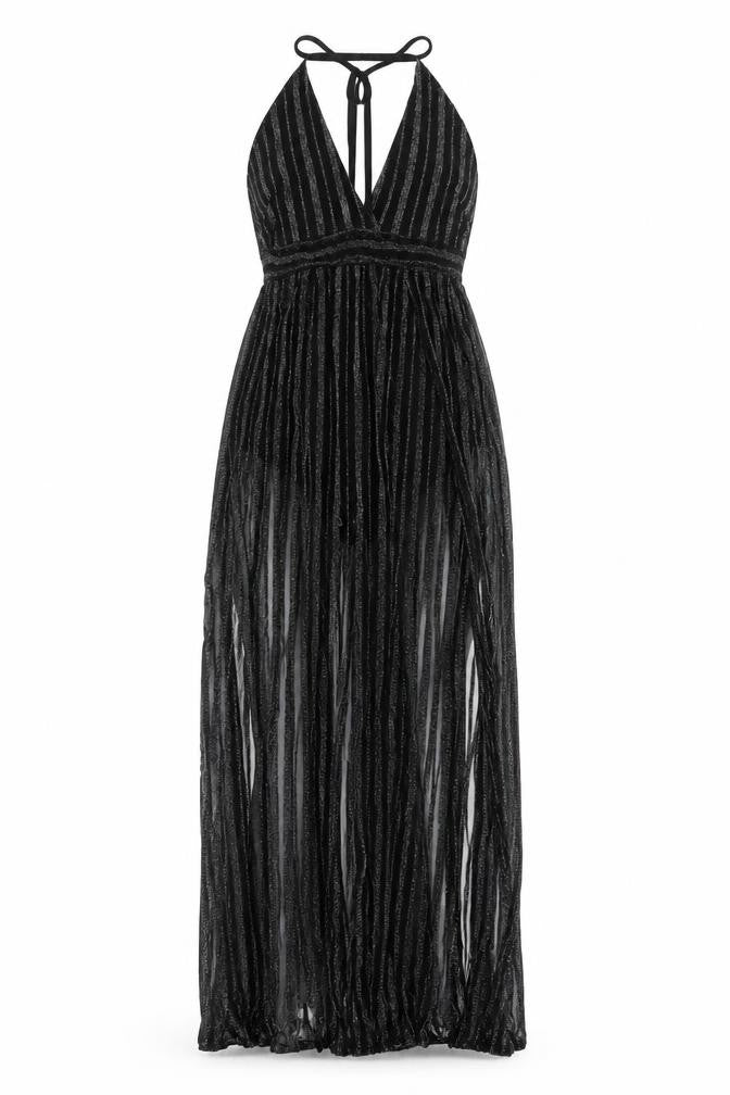 Pink Boutique Womens Black Striped Polyester Maxi Size 10 V-Neck Zip