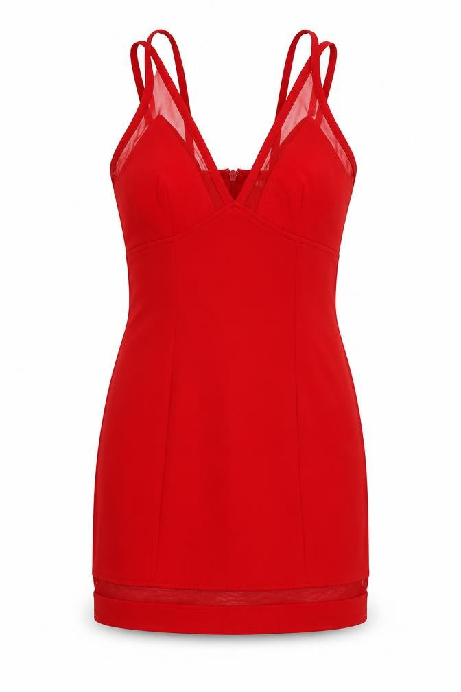 Front view of Missguided women’s red polyester a-line, size UK 8, v-neck zip