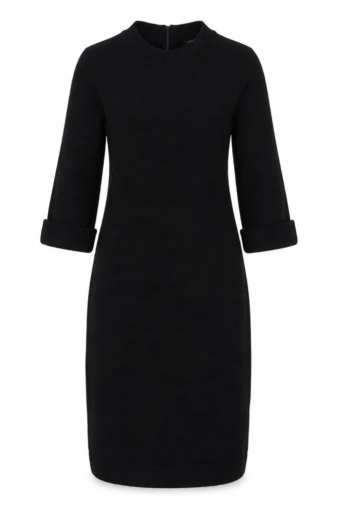 Front view of French Connection women’s black viscose a-line, size UK 8, round neck zip