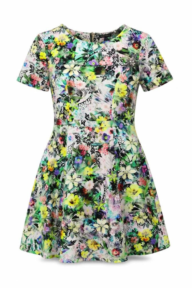 Warehouse Womens Multicoloured Floral Polyester Fit & Flare Size 10 Round Neck Zip