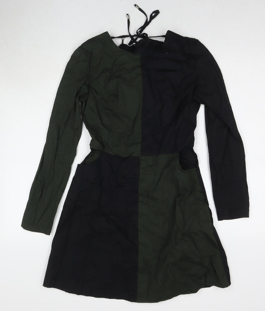 Trendyol Womens Green Colourblock Cotton A-Line Size 8 Square Neck Pullover