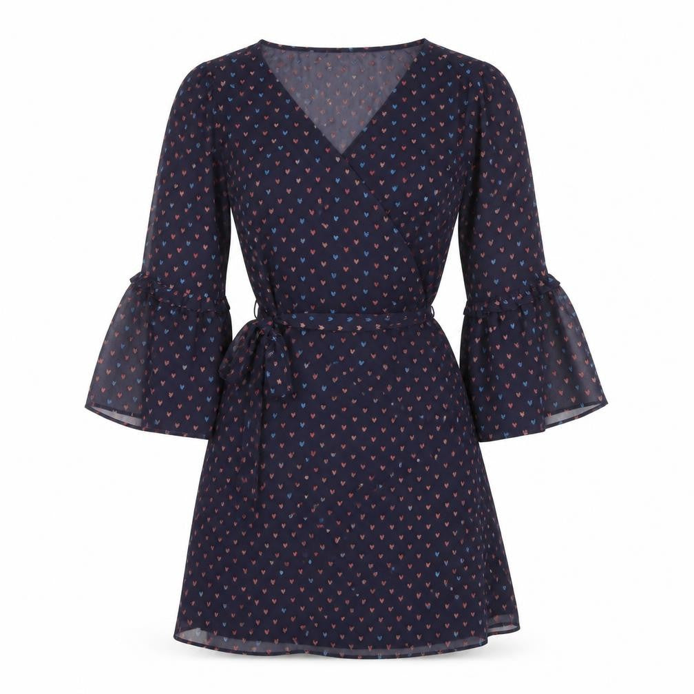 Front view of ESPRIT women’s purple geometric polyester fit & flare, size UK 10, v-neck pullover - hearts