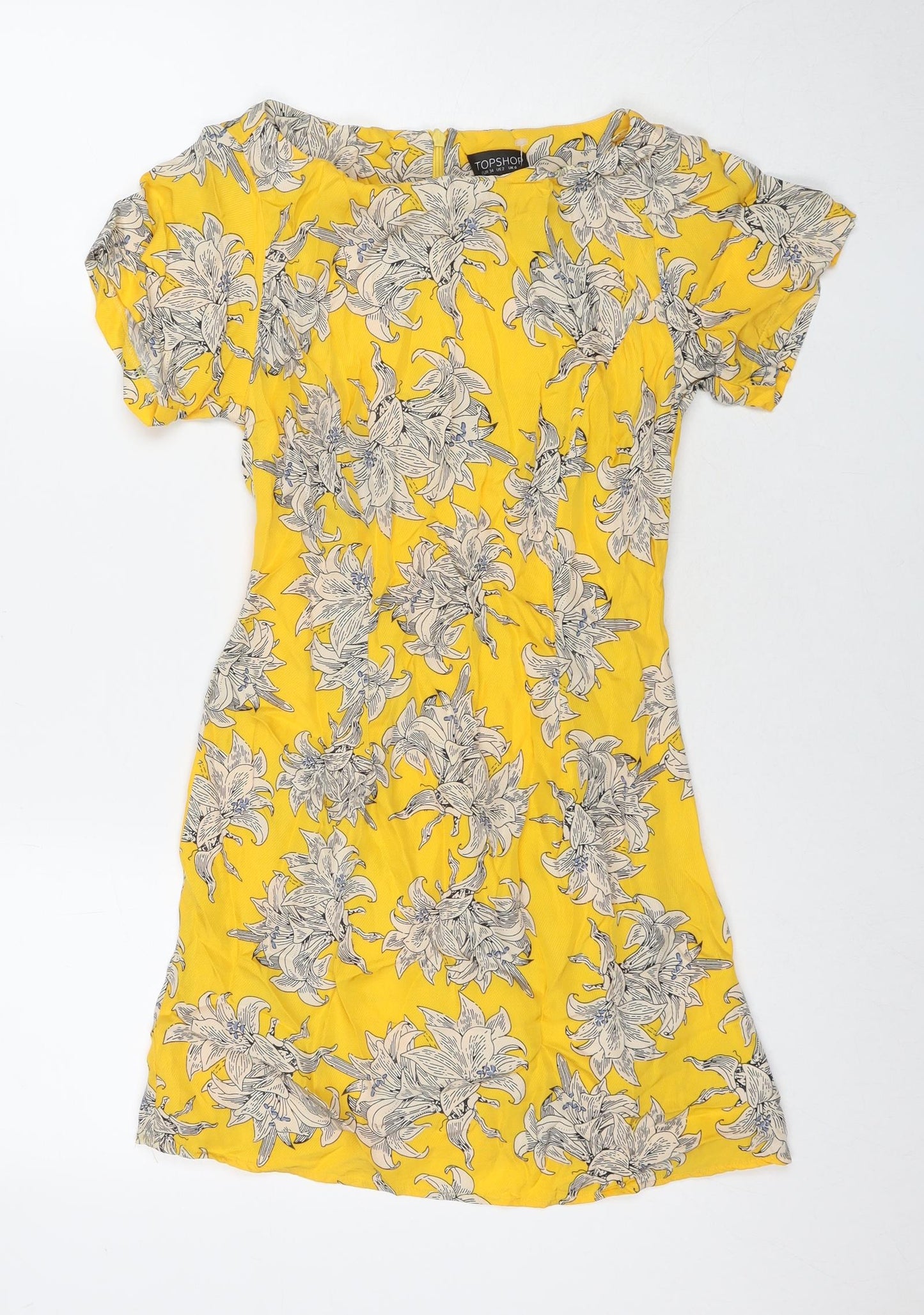 Topshop Womens Yellow Floral Viscose Mini Size 6 Round Neck Zip