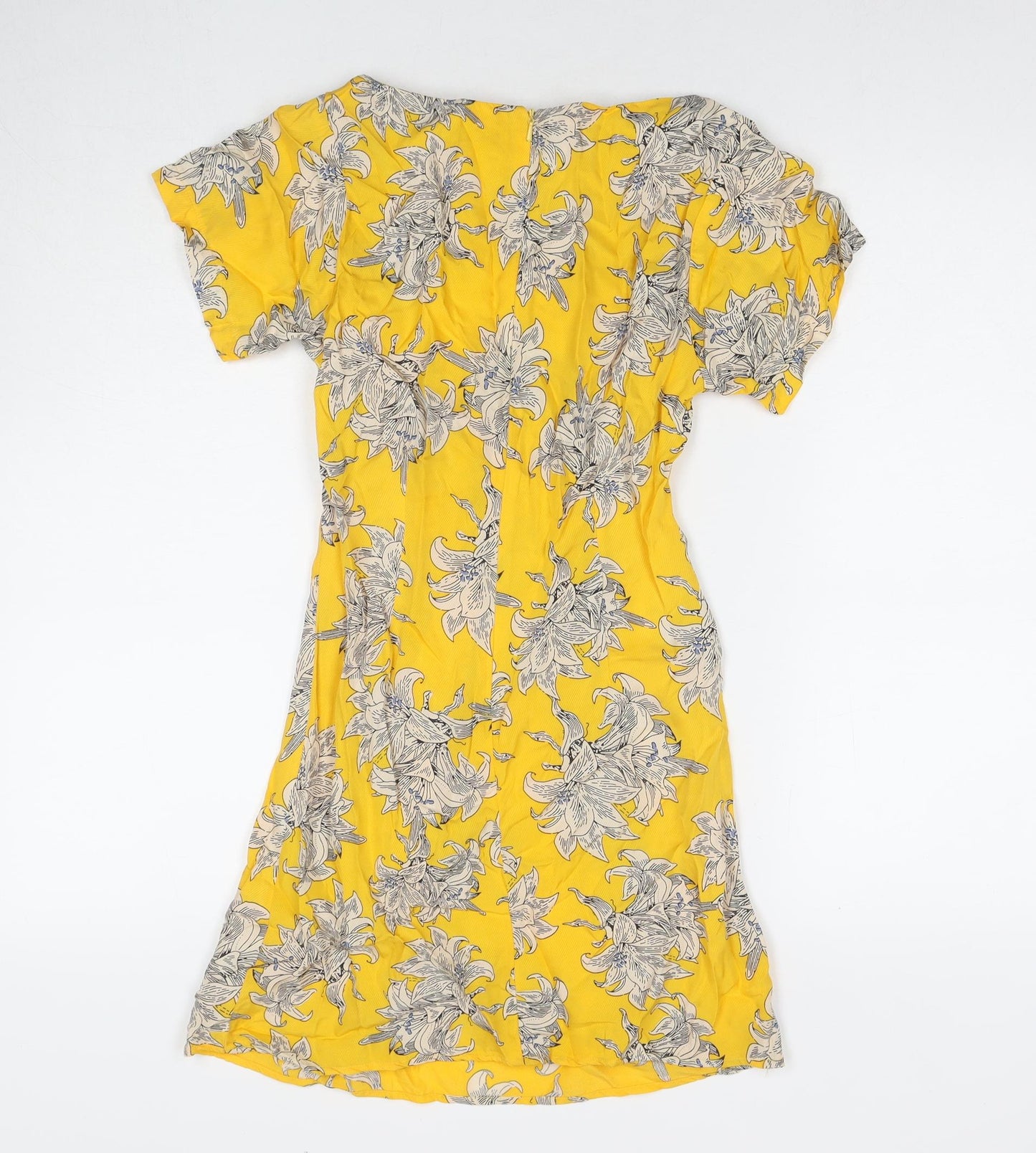 Topshop Womens Yellow Floral Viscose Mini Size 6 Round Neck Zip