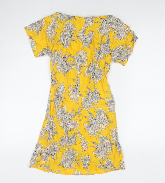 Topshop Womens Yellow Floral Viscose Mini Size 6 Round Neck Zip