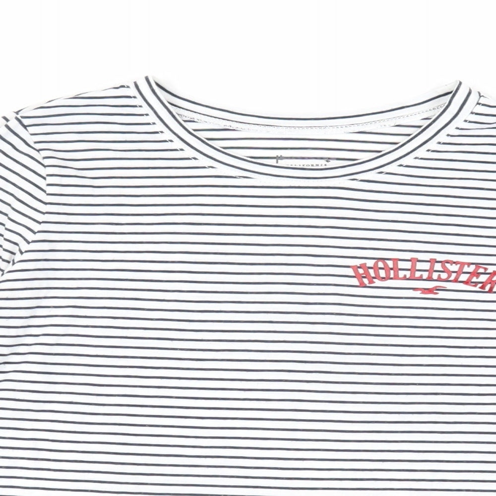 Hollister Womens White Striped Cotton Basic T-Shirt Size S Crew Neck