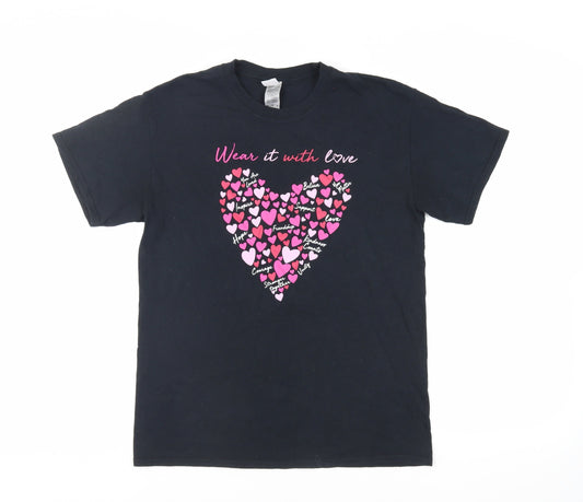Wear With Love Womens Black Cotton Basic T-Shirt Size M Crew Neck - Love Heart