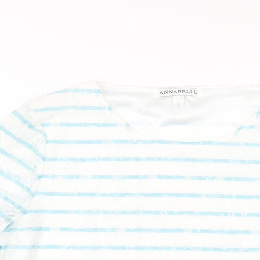 Annabelle Womens Blue Striped Polyester Basic T-Shirt Size S Round Neck