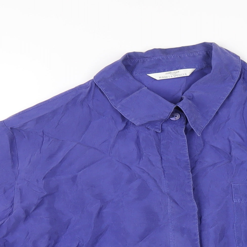 Marks and Spencer Womens Blue Cupro Basic Button-Up Size 16 Collared