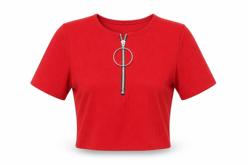 PRETTYLITTLETHING Womens Red Polyester Cropped T-Shirt Size 8 Scoop Neck