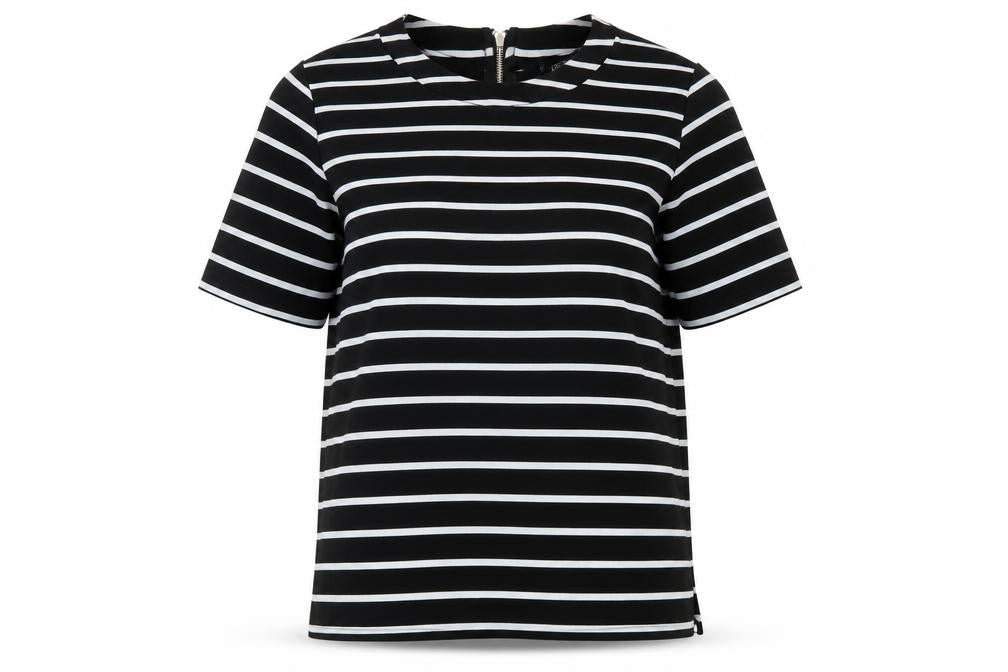 Mango Womens Black Striped Polyester Basic T-Shirt Size S Round Neck